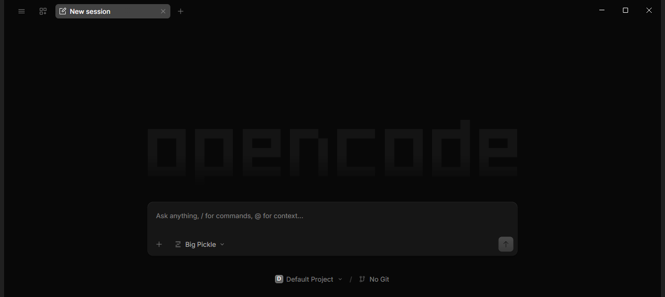 The OpenCode desktop app on Windows: a normal window with tabs, an Ask anything box, and a free model already selected in the corner