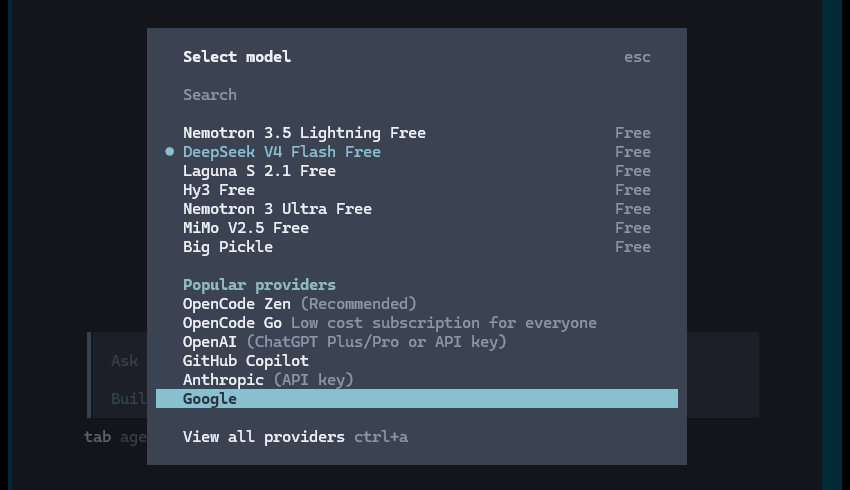 The OpenCode model picker showing seven models labeled Free, with DeepSeek V4 Flash Free selected, above a list of paid providers like OpenAI and Anthropic