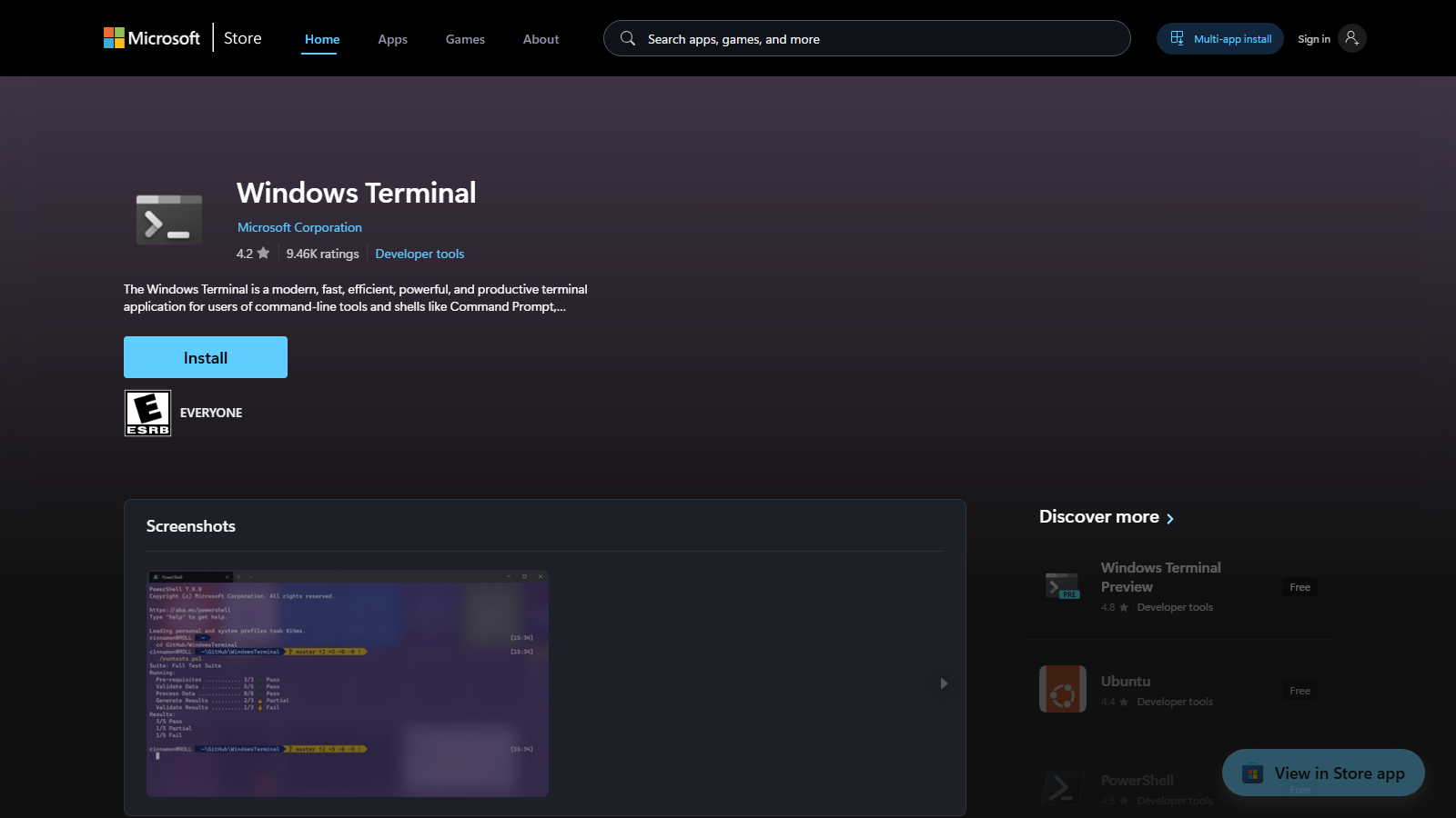 The Windows Terminal page on the Microsoft Store, published by Microsoft Corporation, with a blue Install button