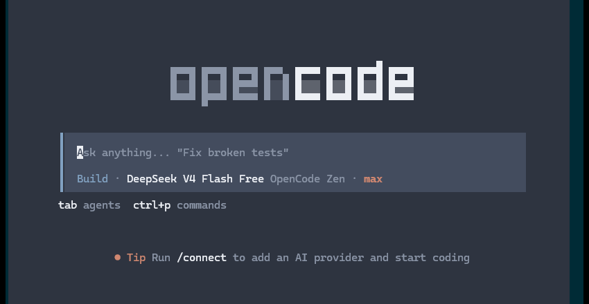 The OpenCode home screen in Windows Terminal: the opencode logo, an input box that says Ask anything, and DeepSeek V4 Flash Free shown as the selected model