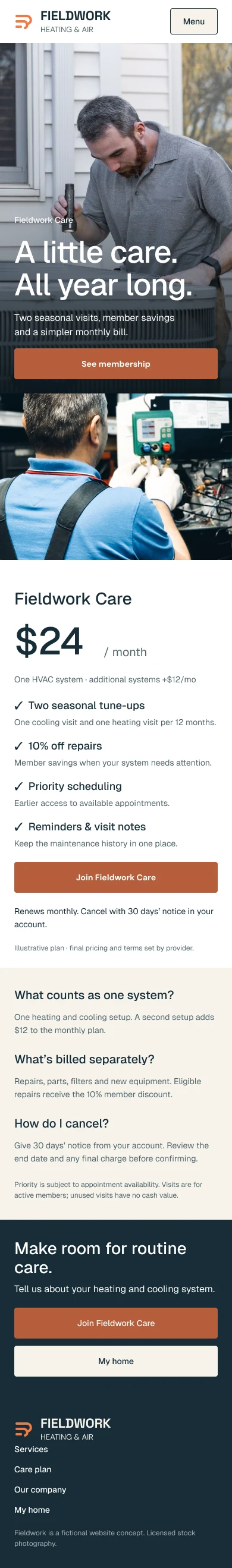 Plan móvil de Fieldwork Care con precios ilustrativos de membresía.
