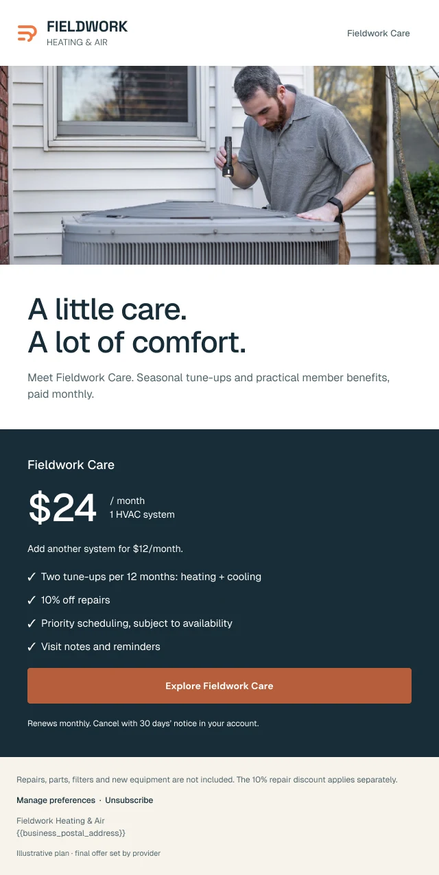 Concepto de email de Fieldwork Care con visitas de temporada y un precio mensual ilustrativo.