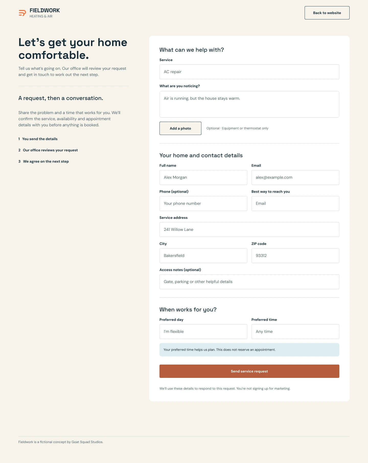 Solicitud de servicio de Fieldwork con selección de servicio y datos de contacto.