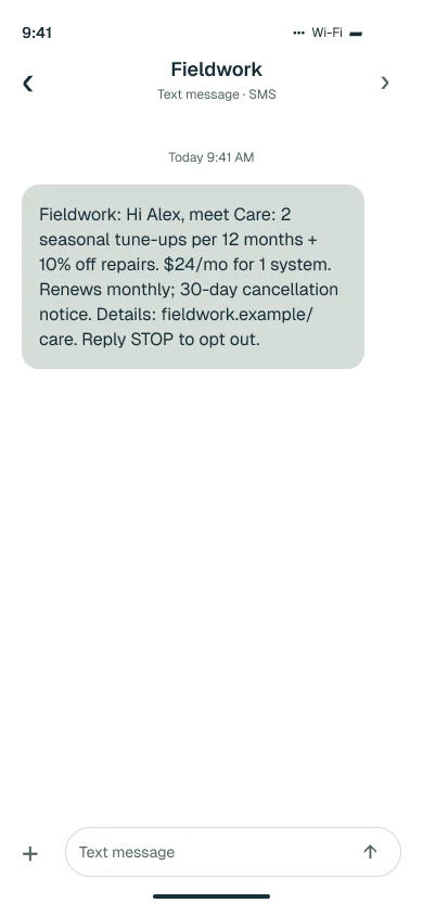 Concepto de SMS de Fieldwork con la misma membresía, un enlace al plan e instrucciones para dejar de recibir mensajes.