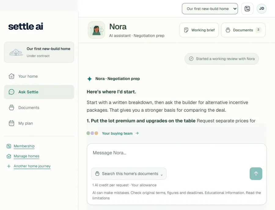 Settle’s Nora AI negotiation workspace responding to a homebuyer