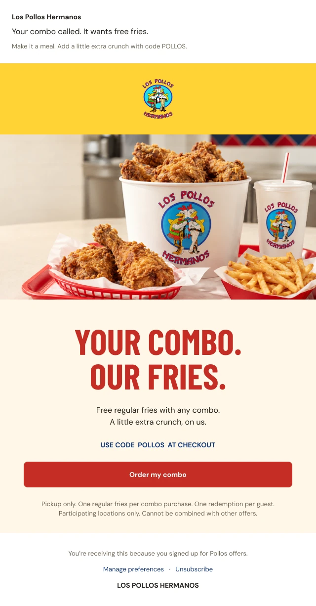 Concepto de email de Los Pollos Hermanos que ofrece papas regulares gratis con un combo y el código POLLOS.