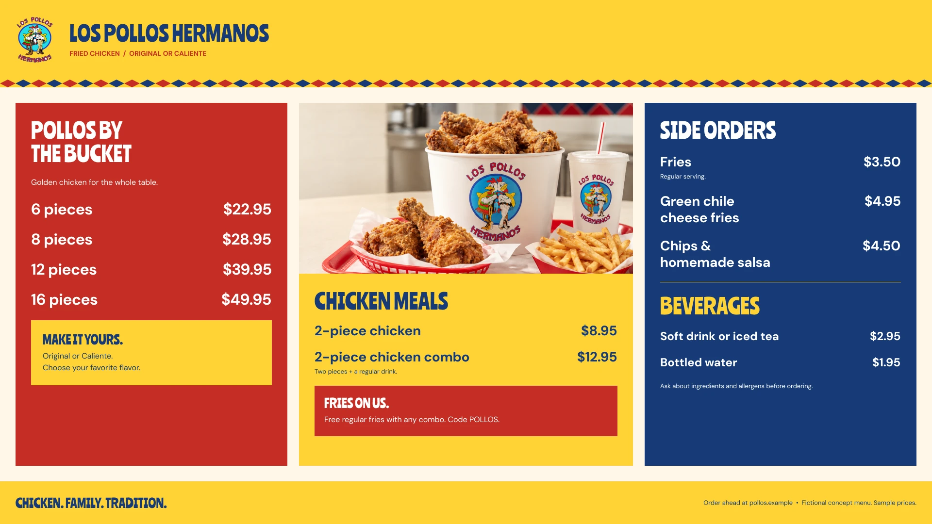 Concepto del menú de mostrador de Los Pollos Hermanos con cubetas de pollo, combos, acompañamientos y bebidas.