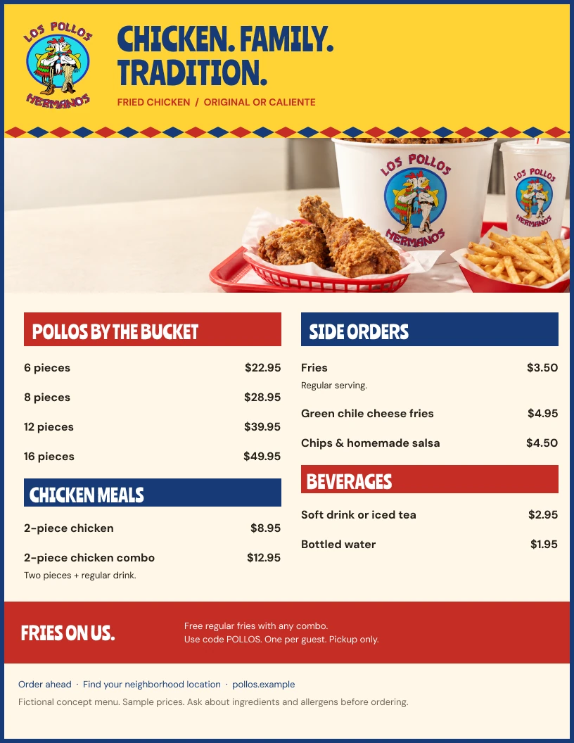 Concepto de menú impreso de Los Pollos Hermanos con pollo frito, acompañamientos y bebidas.