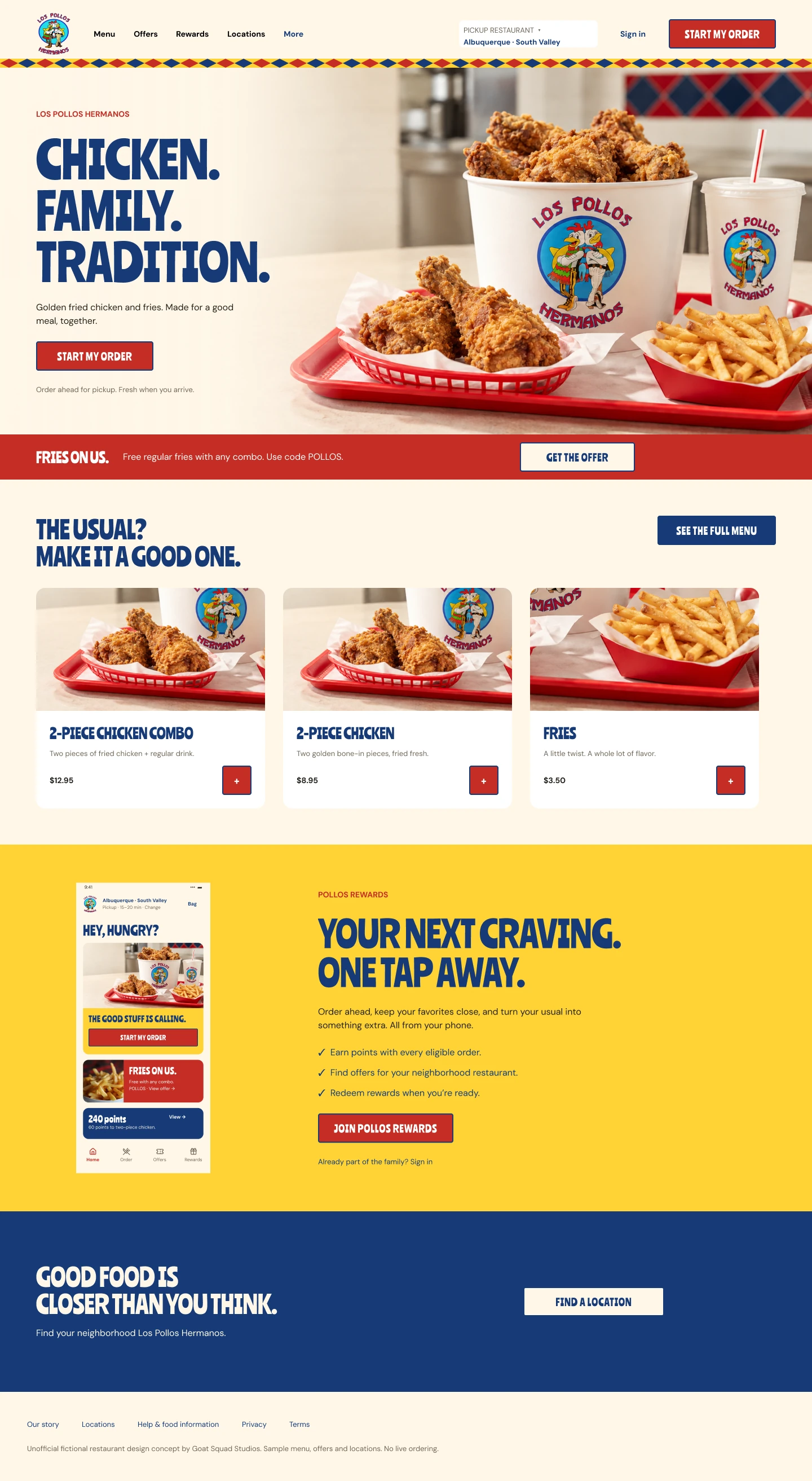 Concepto del sitio de Los Pollos Hermanos con pollo frito, papas rectas, una bebida, menú y recompensas.
