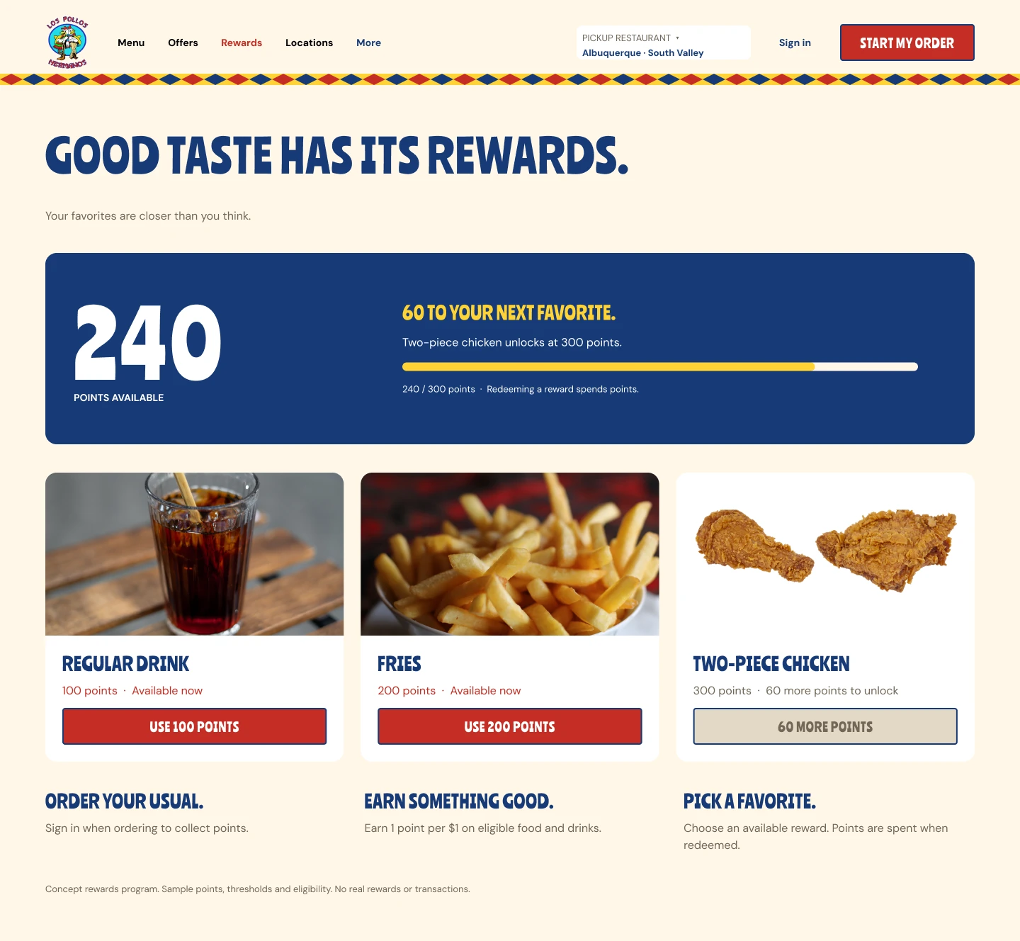 Concepto de la página de recompensas con saldo de puntos y premios de comida disponibles.