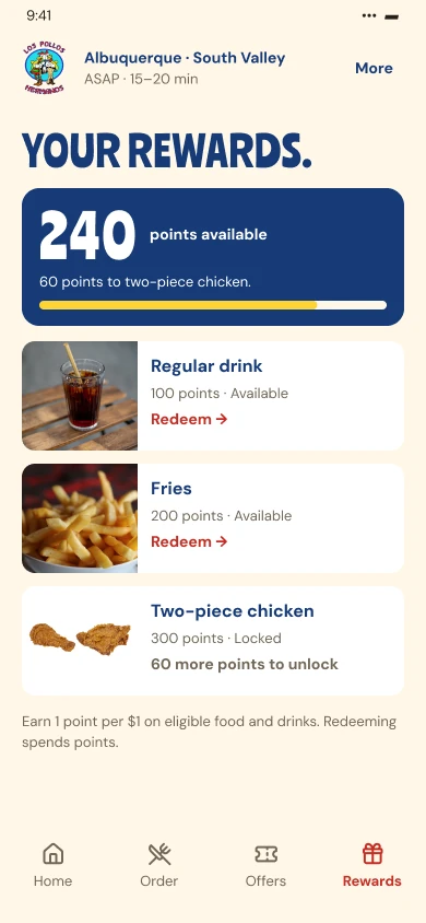 Cuenta móvil de recompensas con puntos y premios de comida.