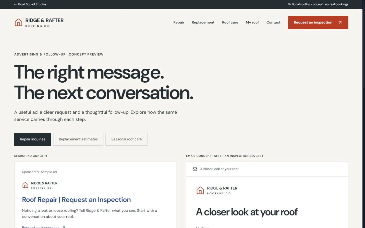 Ridge & Rafter campaign concepts for search, social advertising and email follow-up.