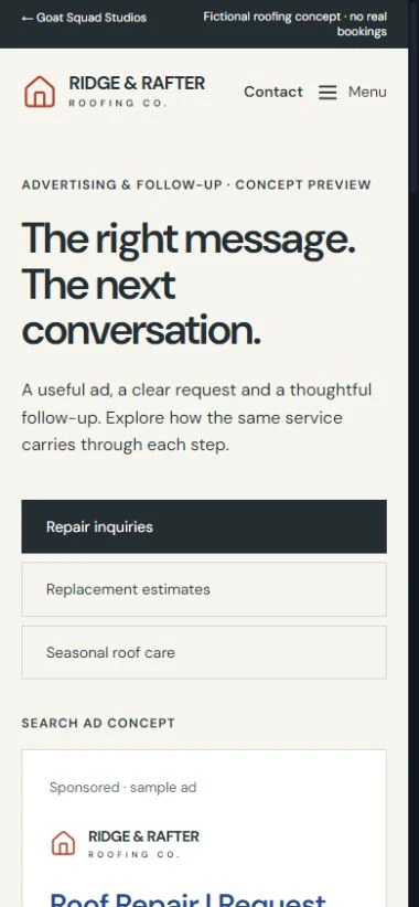 Ridge & Rafter mobile view of illustrative advertising and email campaigns.