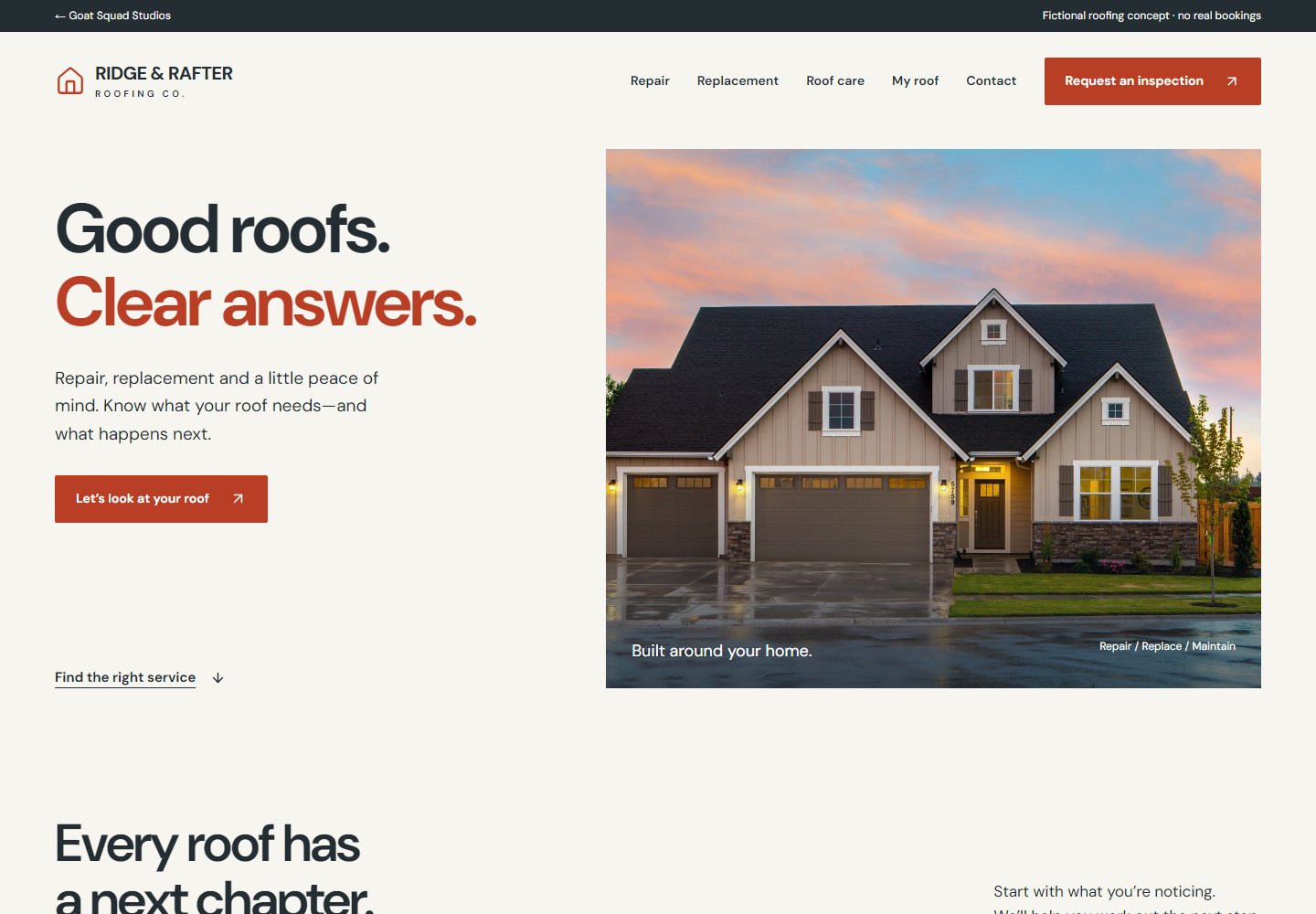 Ridge and Rafter roofing website concept with a roof inspection request