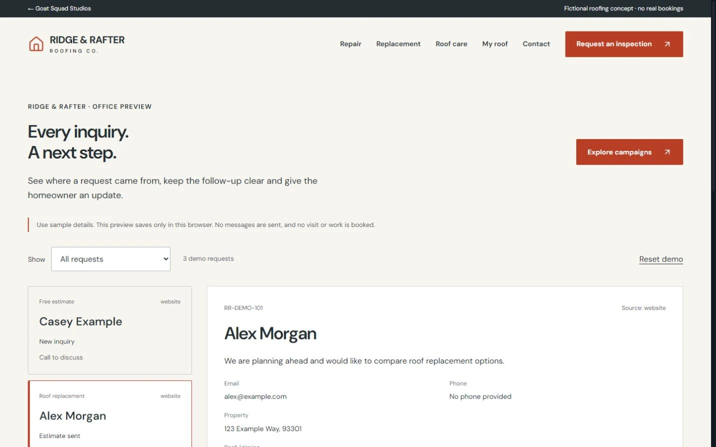 Ridge & Rafter office concept for reviewing sample inquiries and customer updates.